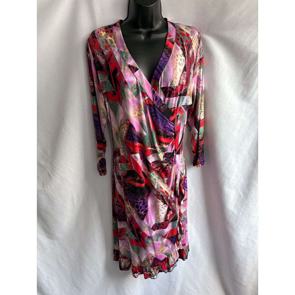 Klaveli Pink Faux Wrap Multicolor Midi Dress Size M Feminine Classy Pink Purple